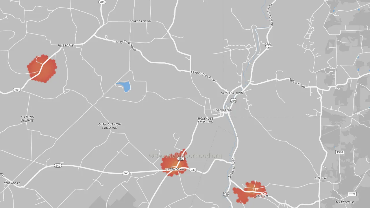 Walk Grade map of 15724, PA, walkable areas in green and car-dependent areas in red