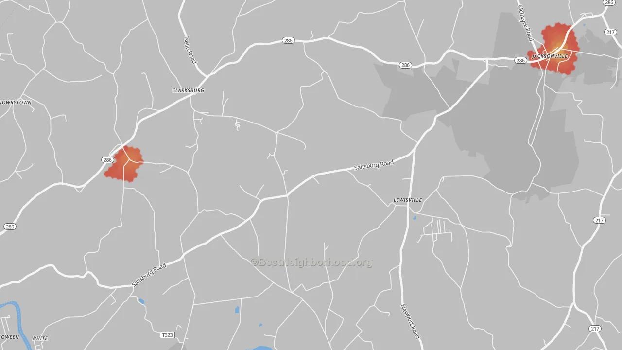 Walk Grade map of 15725, PA, walkable areas in green and car-dependent areas in red