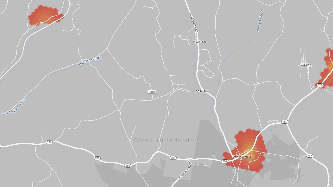 Walk Grade map of 15727, PA, walkable areas in green and car-dependent areas in red
