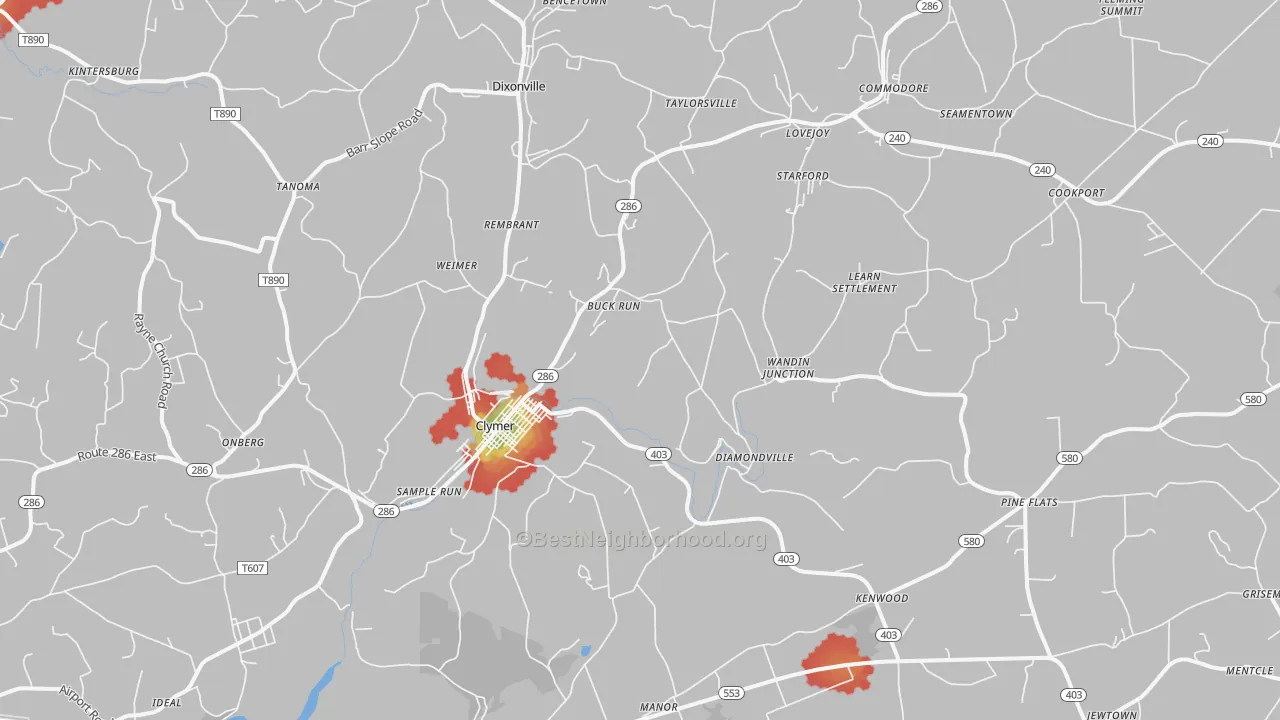 Walk Grade map of 15728, PA, walkable areas in green and car-dependent areas in red