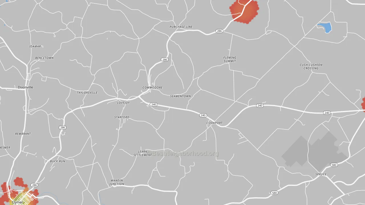 Walk Grade map of 15729, PA, walkable areas in green and car-dependent areas in red