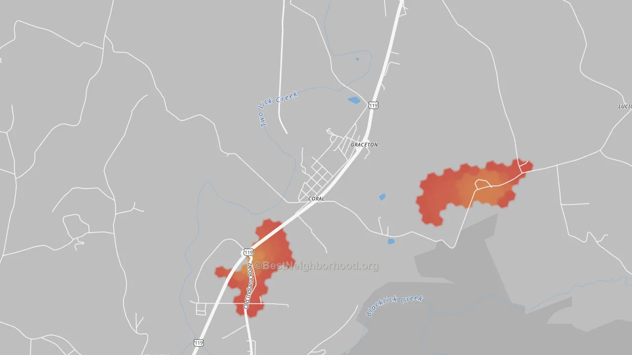 Walk Grade map of 15731, PA, walkable areas in green and car-dependent areas in red