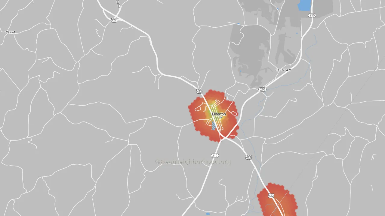 Walk Grade map of 15736, PA, walkable areas in green and car-dependent areas in red