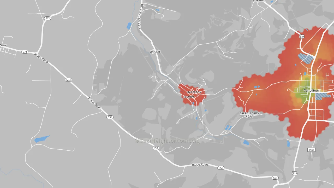 Walk Grade map of 15737, PA, walkable areas in green and car-dependent areas in red