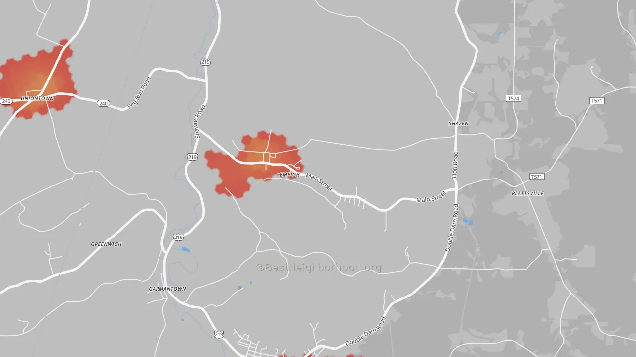Walk Grade map of 15738, PA, walkable areas in green and car-dependent areas in red