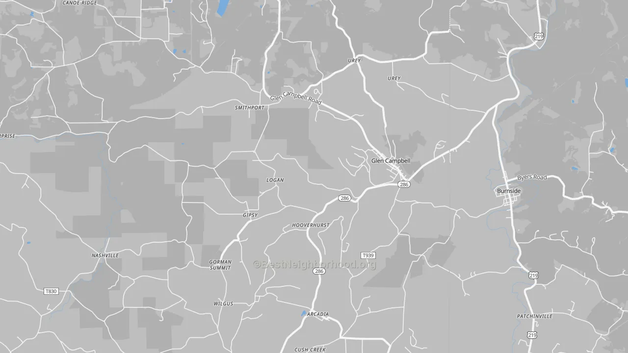 Walk Grade map of 15742, PA, walkable areas in green and car-dependent areas in red