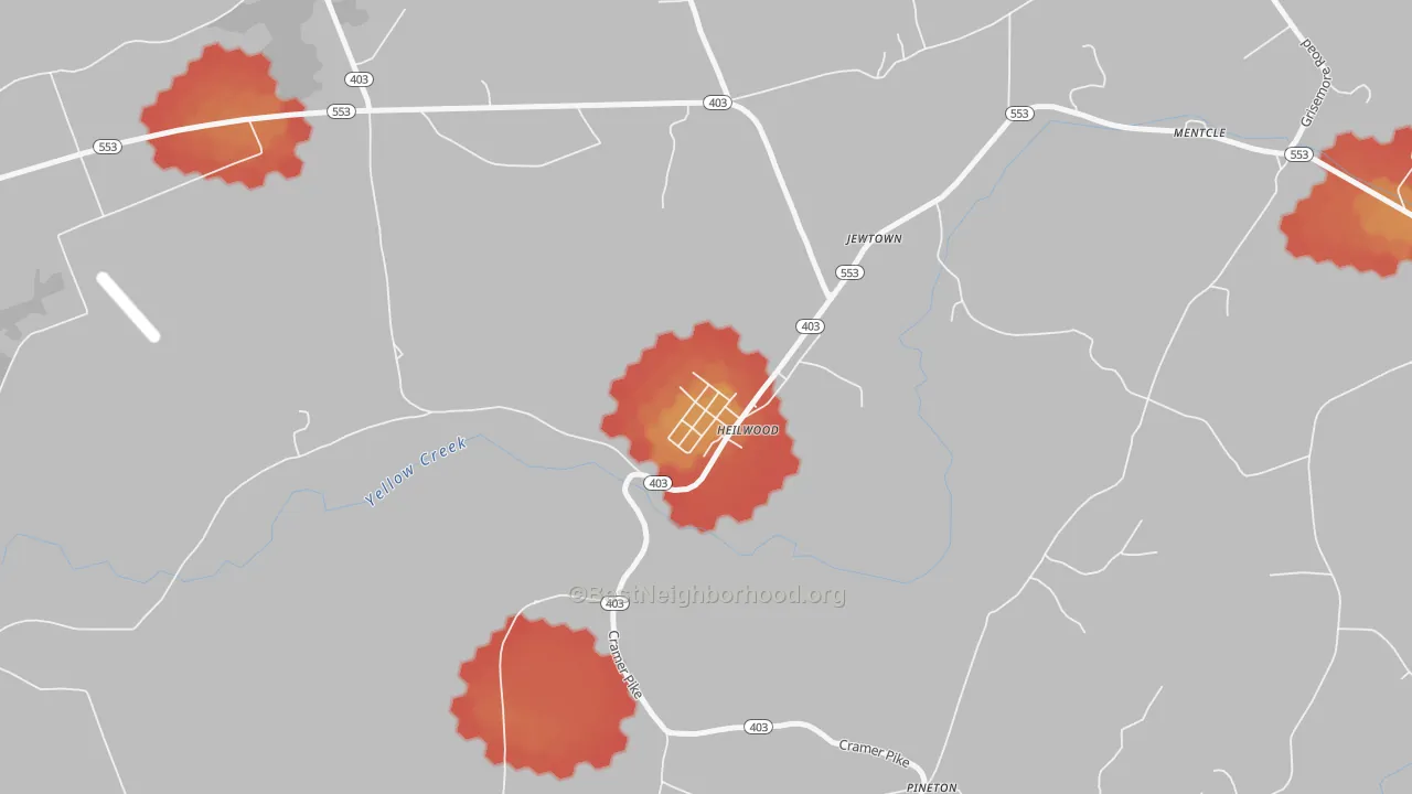 Walk Grade map of 15745, PA, walkable areas in green and car-dependent areas in red