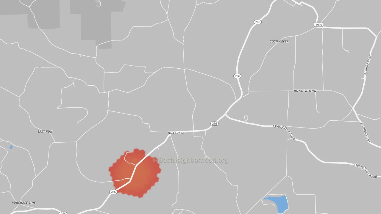 Walk Grade map of 15746, PA, walkable areas in green and car-dependent areas in red