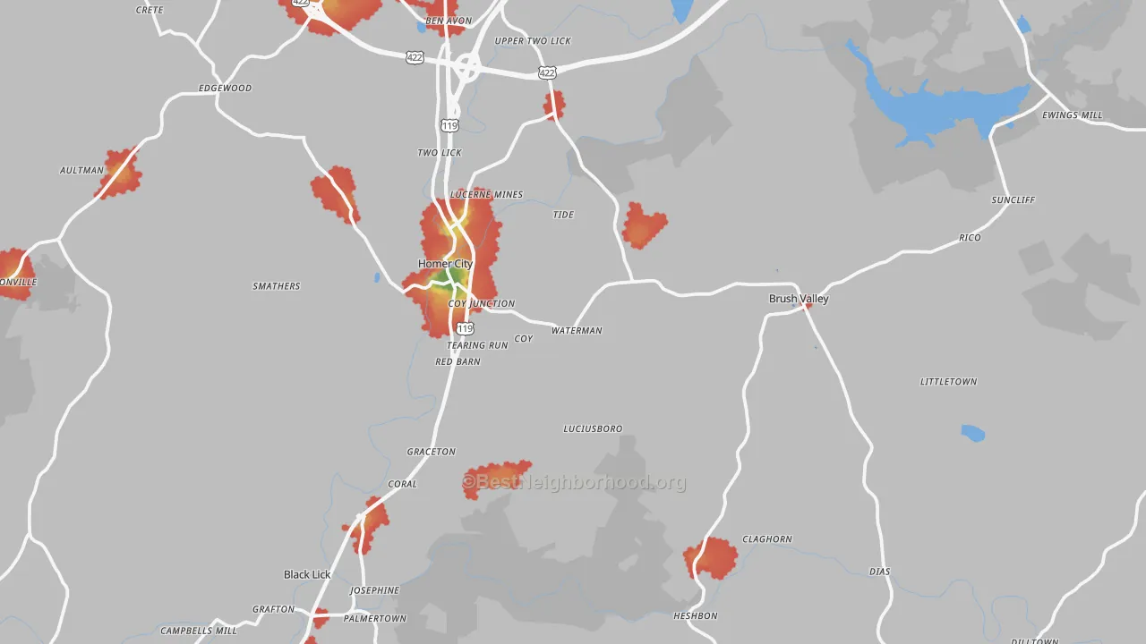 Walk Grade map of 15748, PA, walkable areas in green and car-dependent areas in red