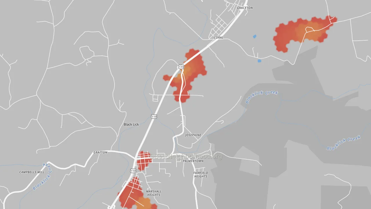 Walk Grade map of 15750, PA, walkable areas in green and car-dependent areas in red