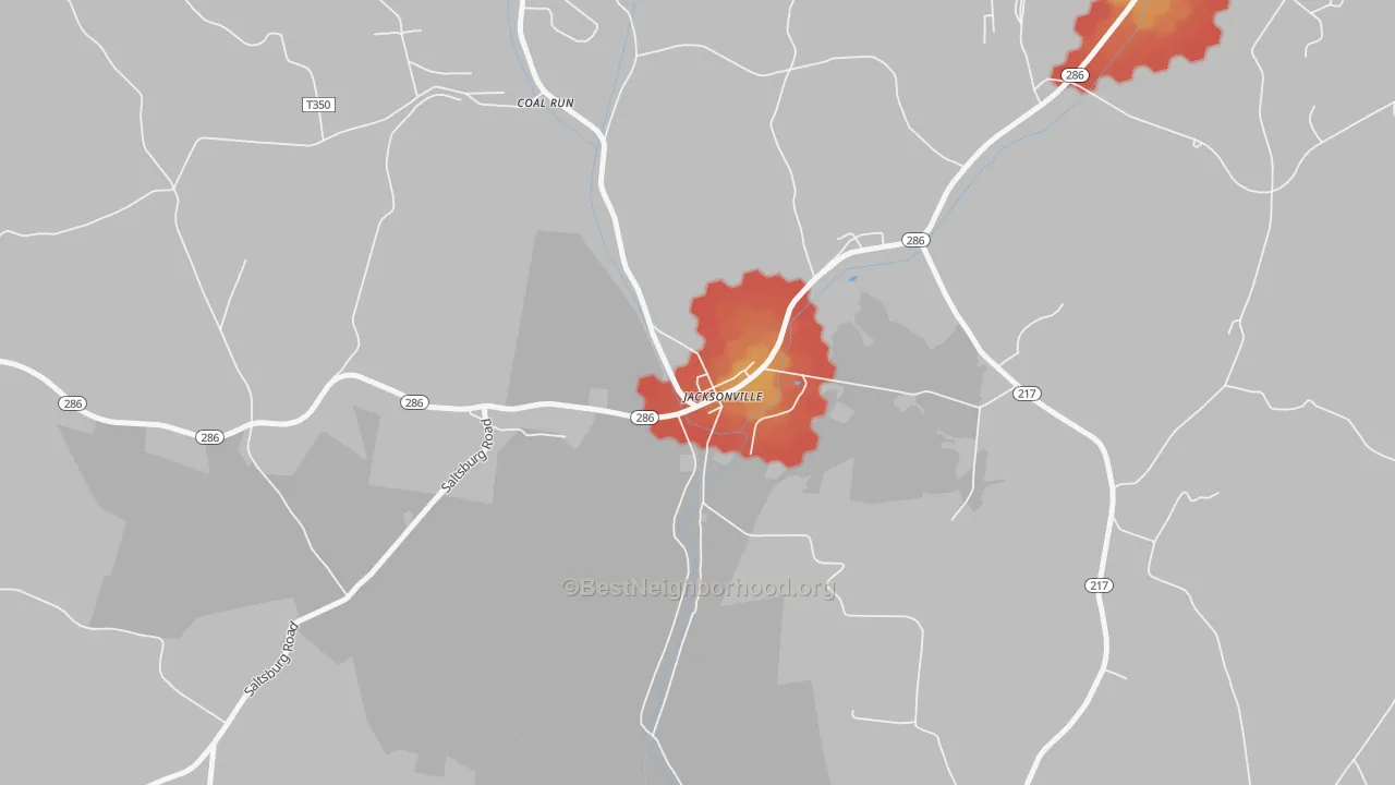 Walk Grade map of 15752, PA, walkable areas in green and car-dependent areas in red