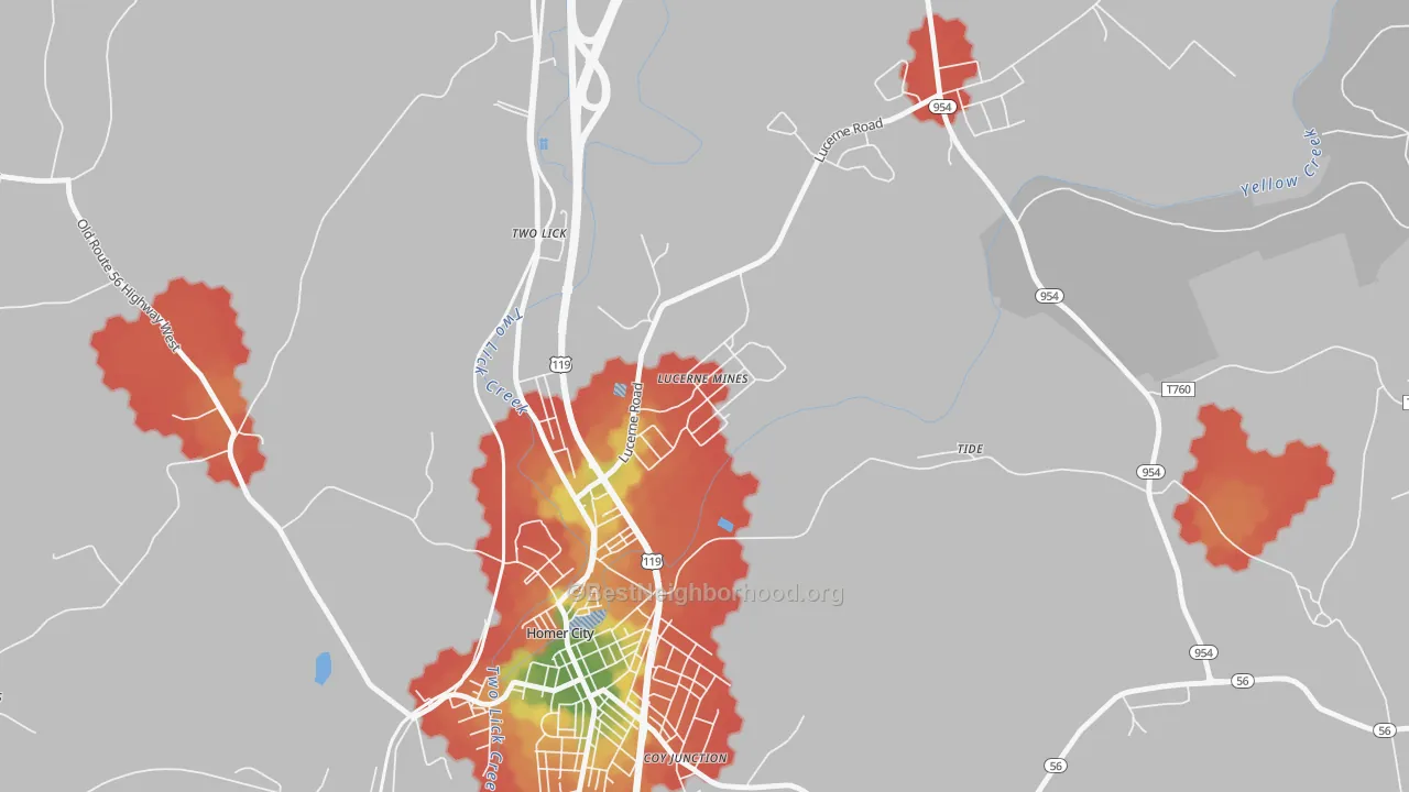 Walk Grade map of 15754, PA, walkable areas in green and car-dependent areas in red
