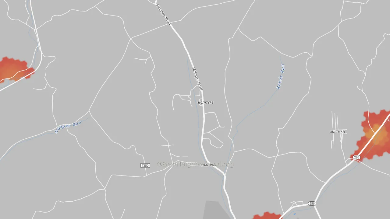 Walk Grade map of 15756, PA, walkable areas in green and car-dependent areas in red