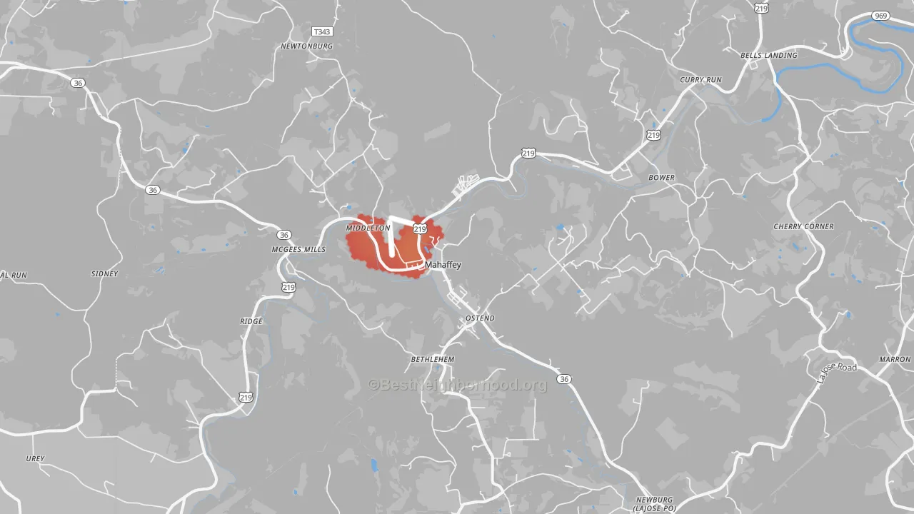 Walk Grade map of 15757, PA, walkable areas in green and car-dependent areas in red