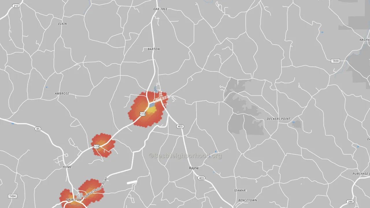 Walk Grade map of 15759, PA, walkable areas in green and car-dependent areas in red