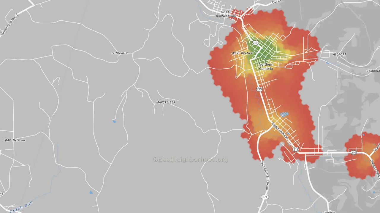 Walk Grade map of 15760, PA, walkable areas in green and car-dependent areas in red