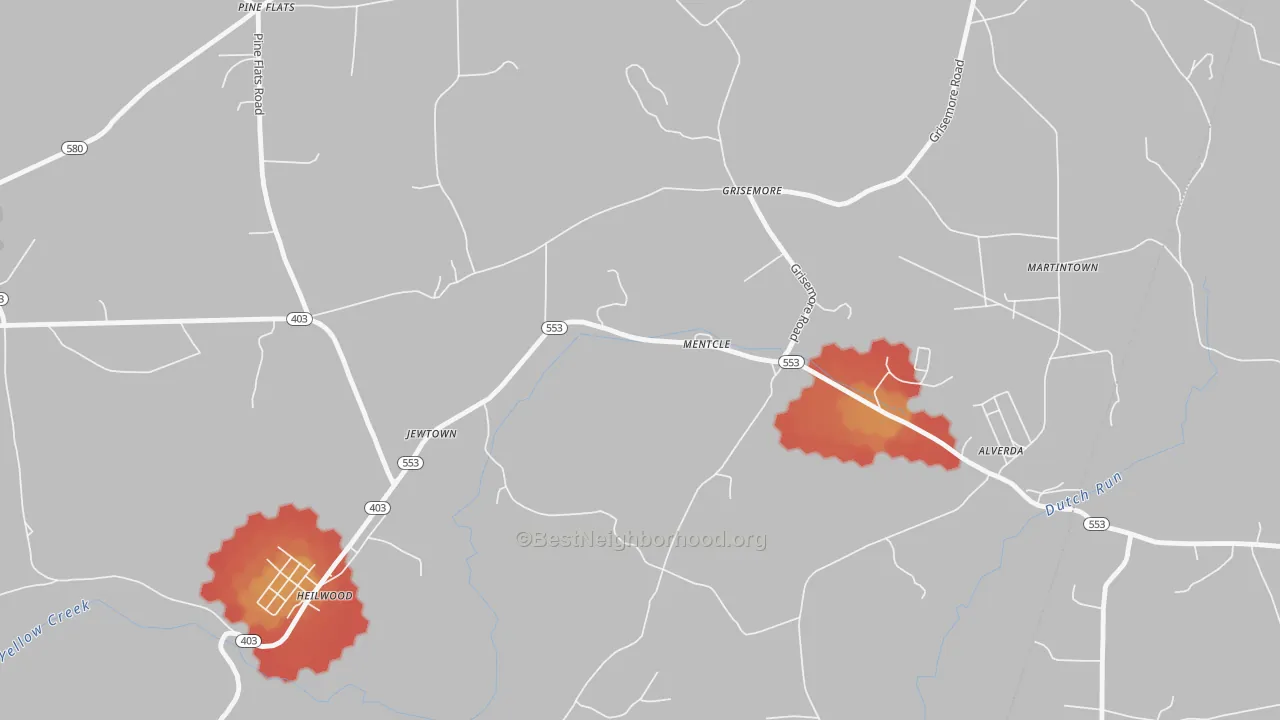 Walk Grade map of 15761, PA, walkable areas in green and car-dependent areas in red