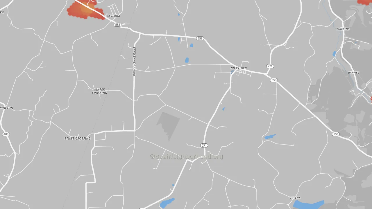 Walk Grade map of 15762, PA, walkable areas in green and car-dependent areas in red