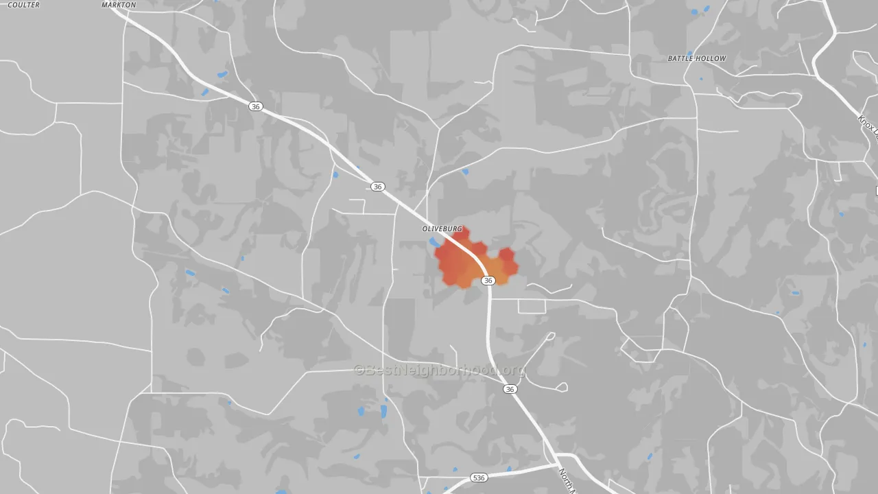 Walk Grade map of 15764, PA, walkable areas in green and car-dependent areas in red