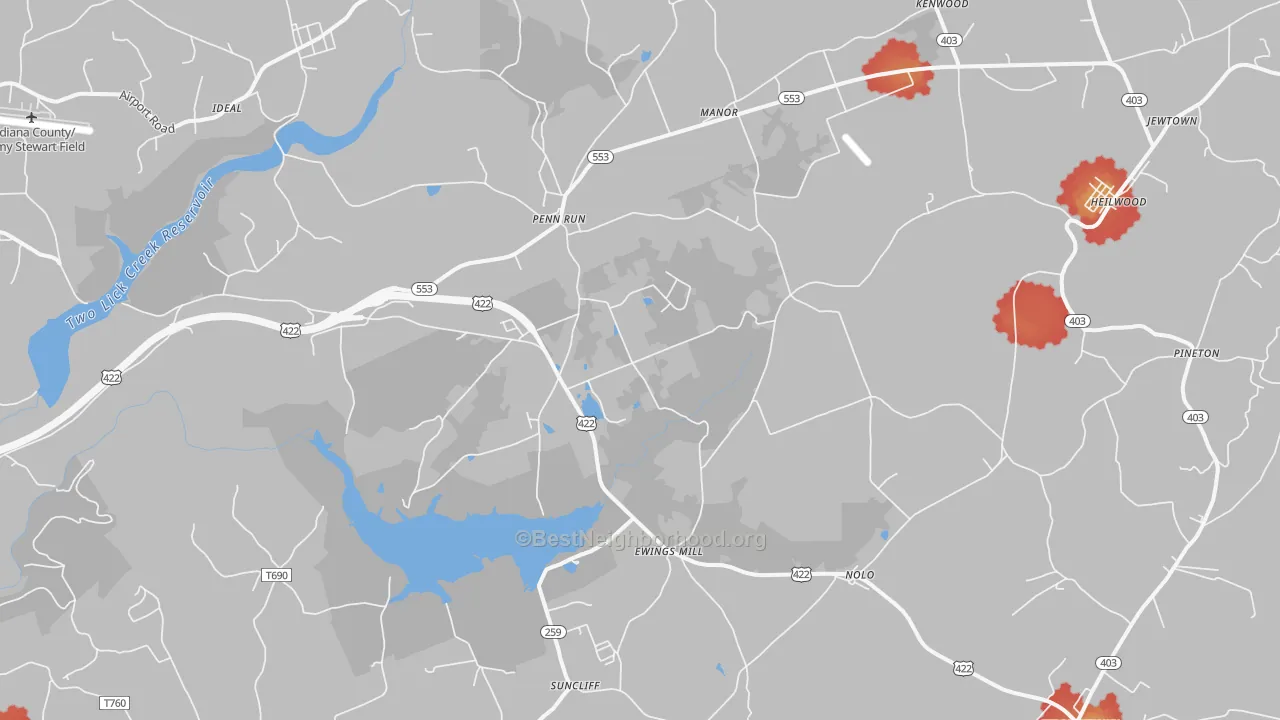 Walk Grade map of 15765, PA, walkable areas in green and car-dependent areas in red