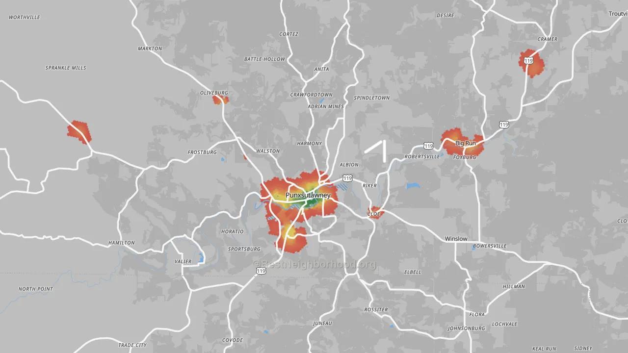Walk Grade map of 15767, PA, walkable areas in green and car-dependent areas in red