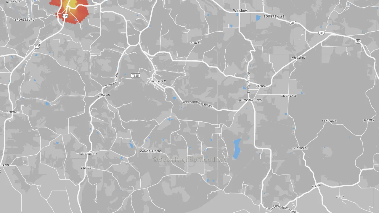 Walk Grade map of 15772, PA, walkable areas in green and car-dependent areas in red
