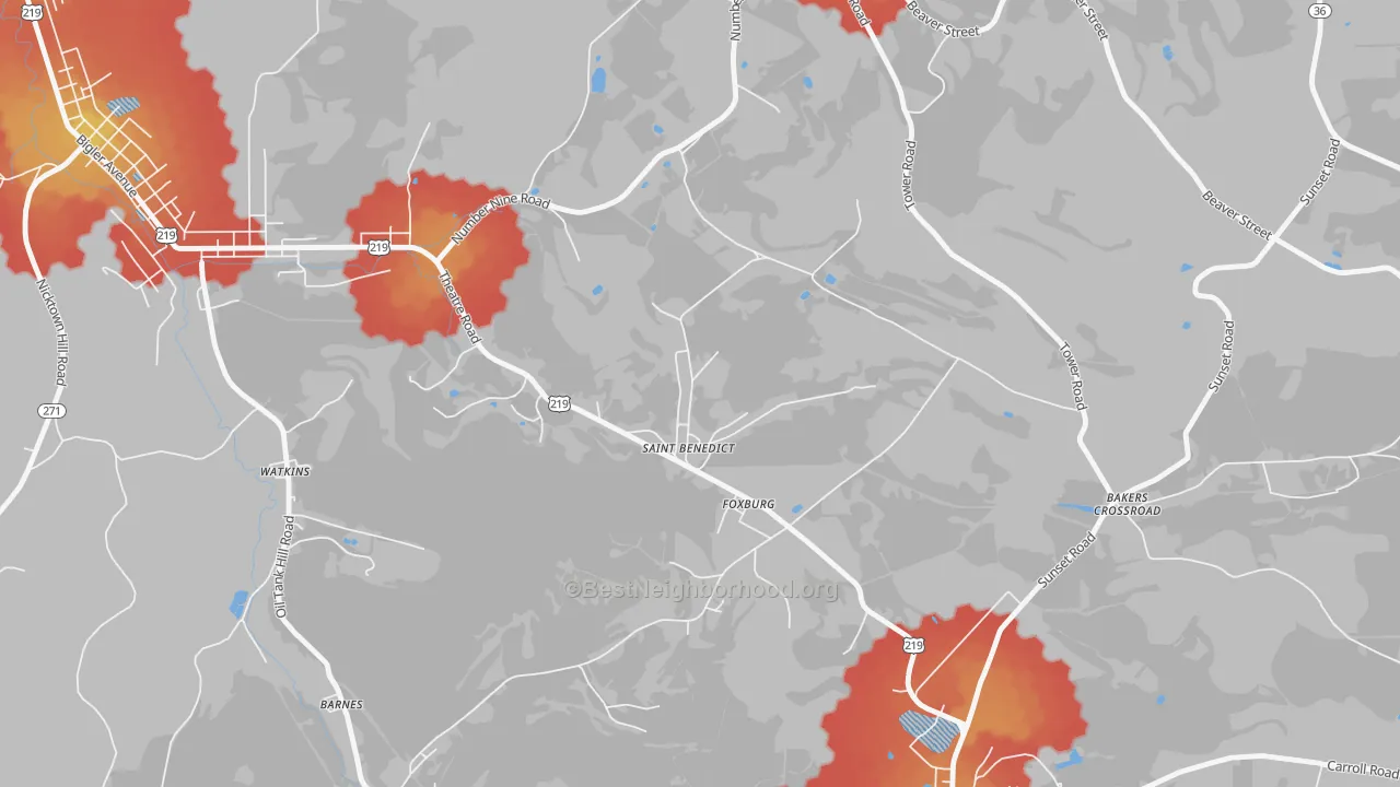 Walk Grade map of 15773, PA, walkable areas in green and car-dependent areas in red