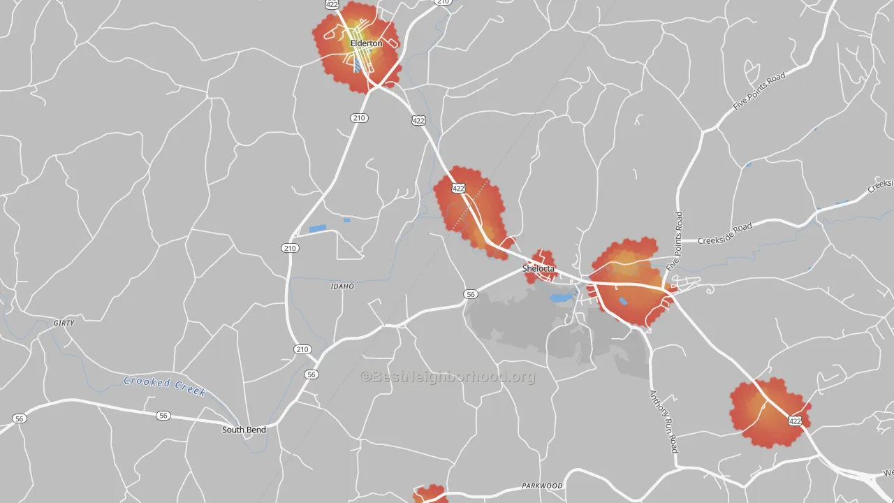 Walk Grade map of 15774, PA, walkable areas in green and car-dependent areas in red