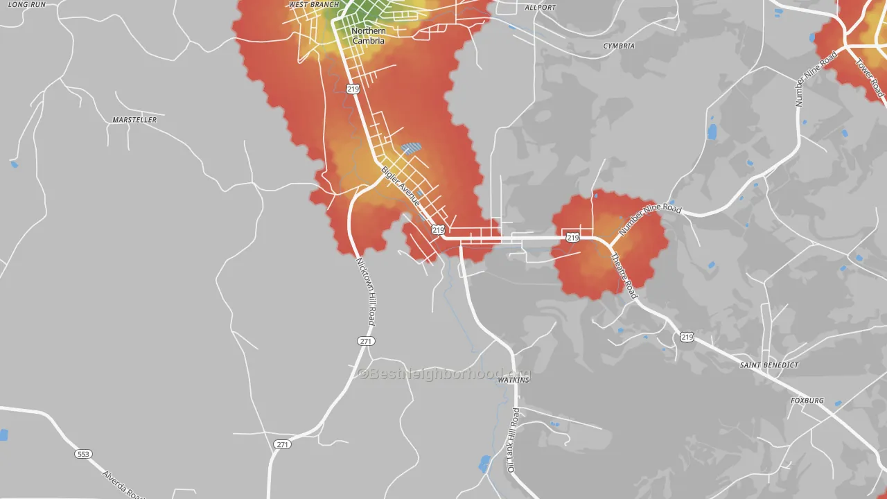 Walk Grade map of 15775, PA, walkable areas in green and car-dependent areas in red