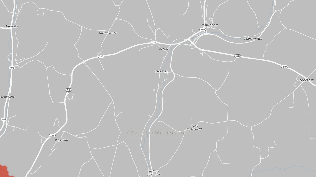 Walk Grade map of 15777, PA, walkable areas in green and car-dependent areas in red