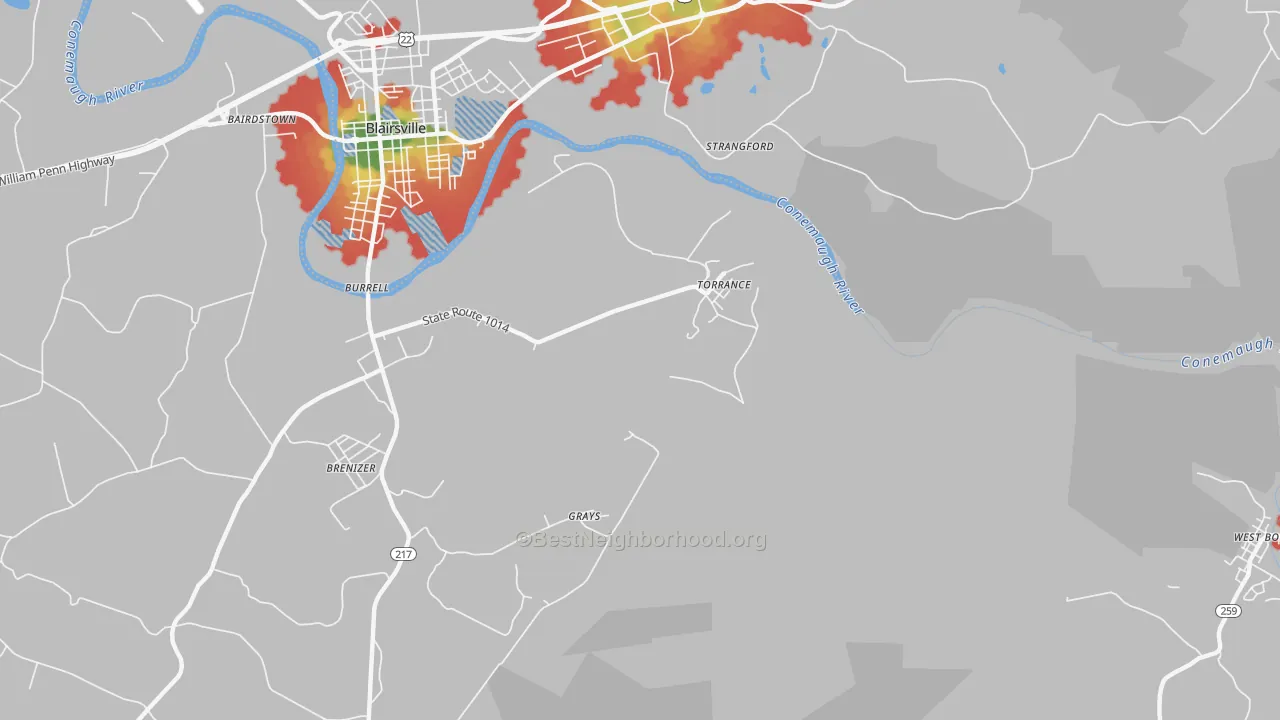 Walk Grade map of 15779, PA, walkable areas in green and car-dependent areas in red