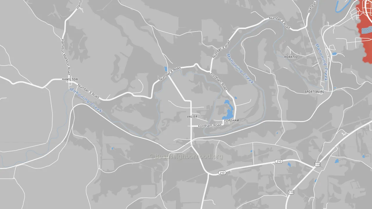 Walk Grade map of 15780, PA, walkable areas in green and car-dependent areas in red