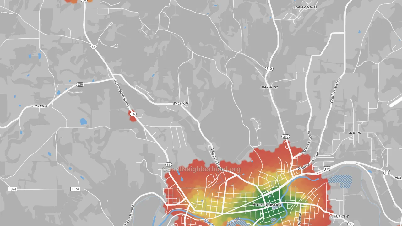 Walk Grade map of 15781, PA, walkable areas in green and car-dependent areas in red