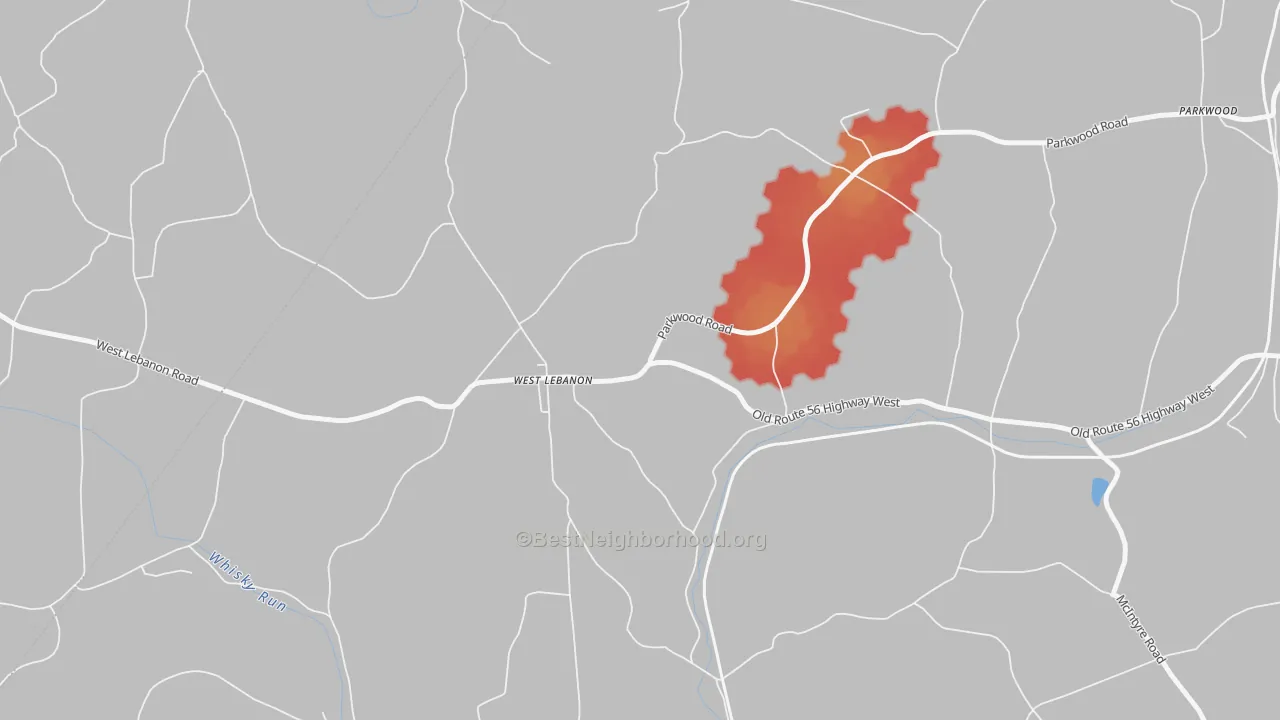 Walk Grade map of 15783, PA, walkable areas in green and car-dependent areas in red