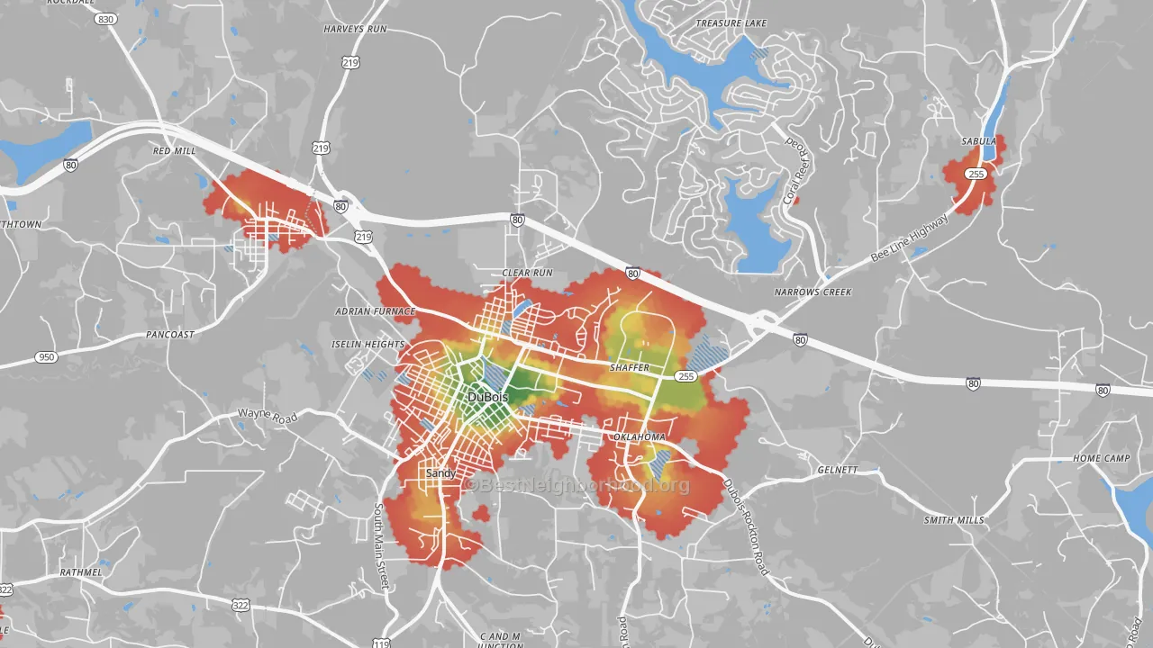 Walk Grade map of 15801, PA, walkable areas in green and car-dependent areas in red