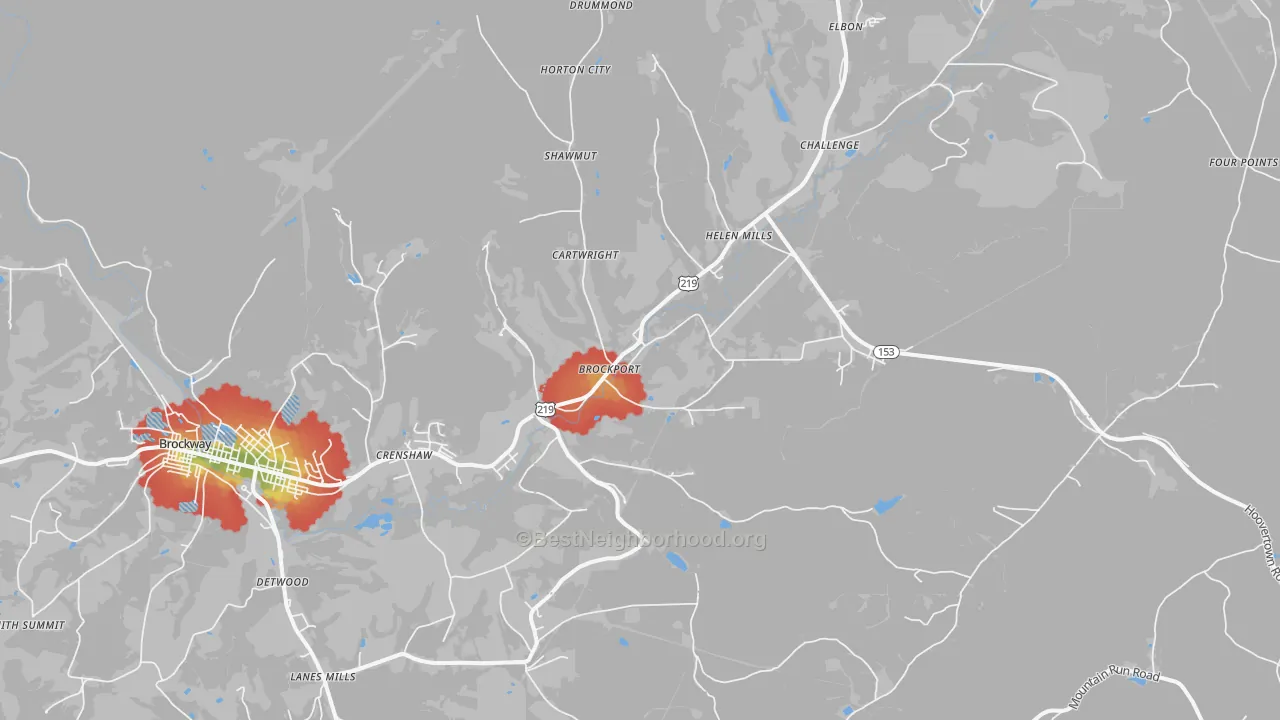 Walk Grade map of 15823, PA, walkable areas in green and car-dependent areas in red
