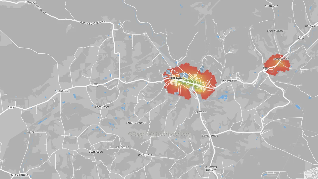 Walk Grade map of 15824, PA, walkable areas in green and car-dependent areas in red