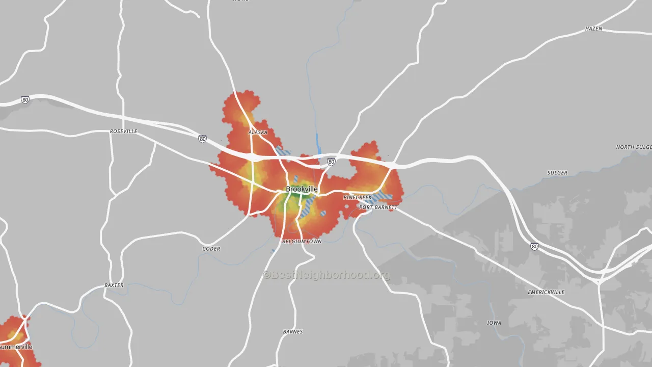 Walk Grade map of 15825, PA, walkable areas in green and car-dependent areas in red