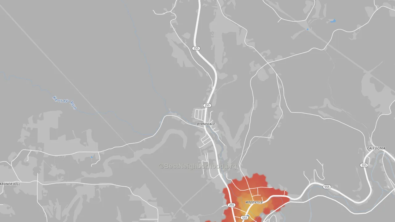 Walk Grade map of 15827, PA, walkable areas in green and car-dependent areas in red