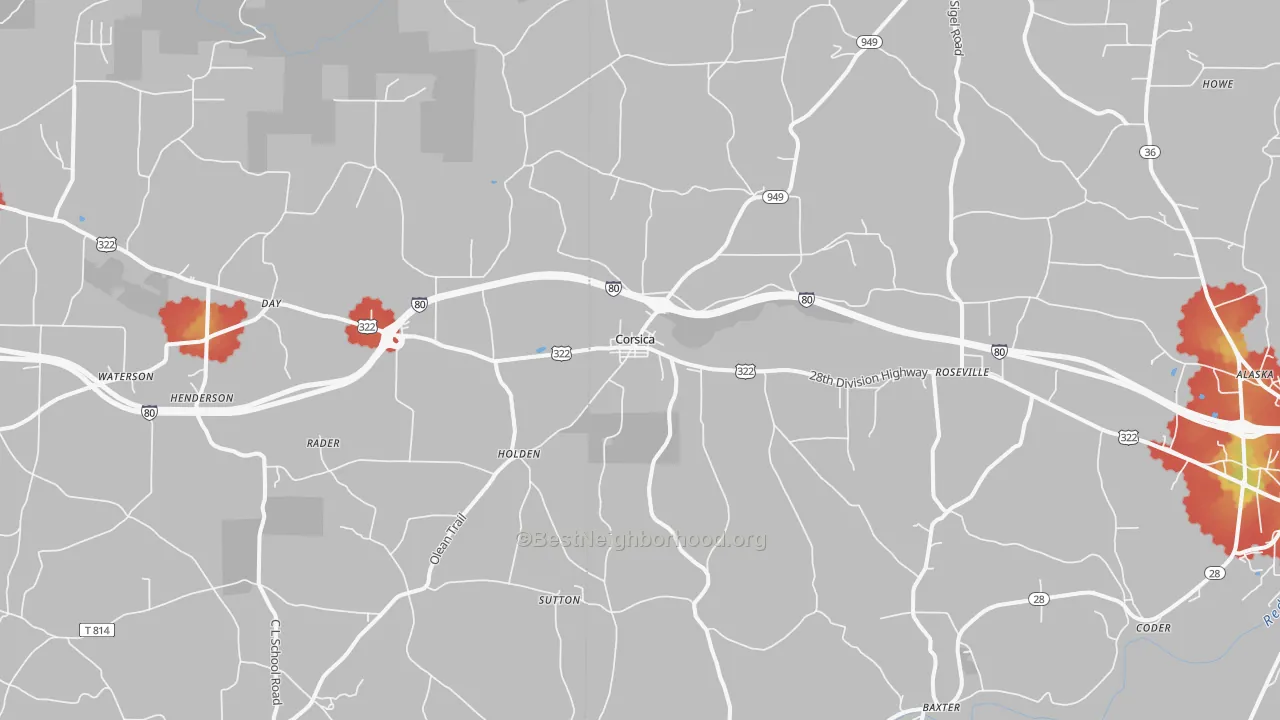 Walk Grade map of 15829, PA, walkable areas in green and car-dependent areas in red