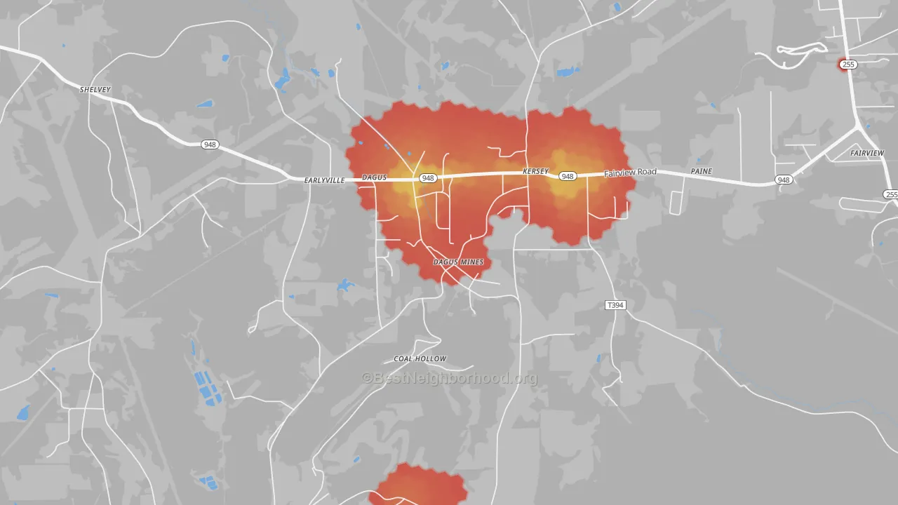Walk Grade map of 15831, PA, walkable areas in green and car-dependent areas in red