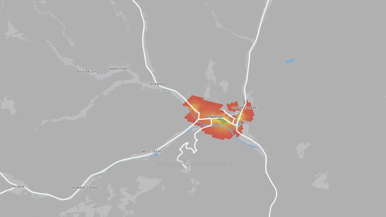 Walk Grade map of 15834, PA, walkable areas in green and car-dependent areas in red