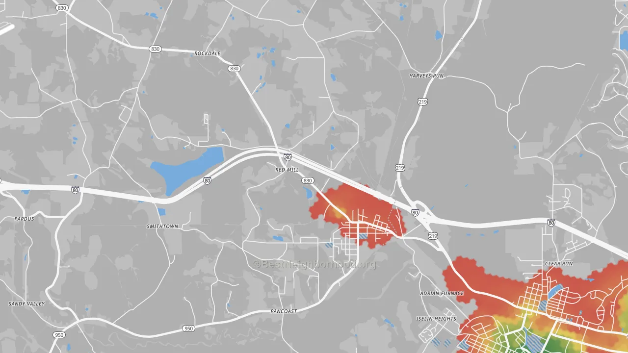 Walk Grade map of 15840, PA, walkable areas in green and car-dependent areas in red