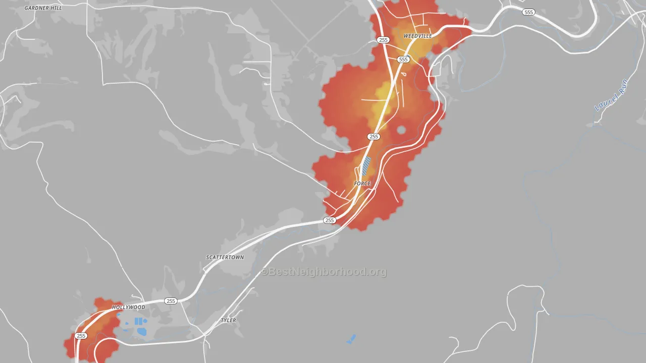 Walk Grade map of 15841, PA, walkable areas in green and car-dependent areas in red
