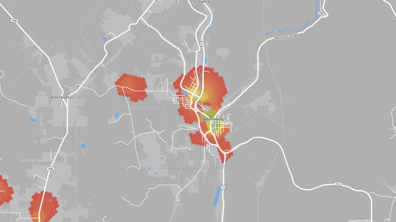 Walk Grade map of 15845, PA, walkable areas in green and car-dependent areas in red