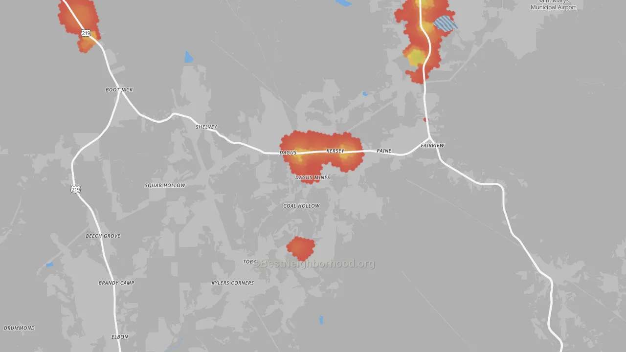 Walk Grade map of 15846, PA, walkable areas in green and car-dependent areas in red