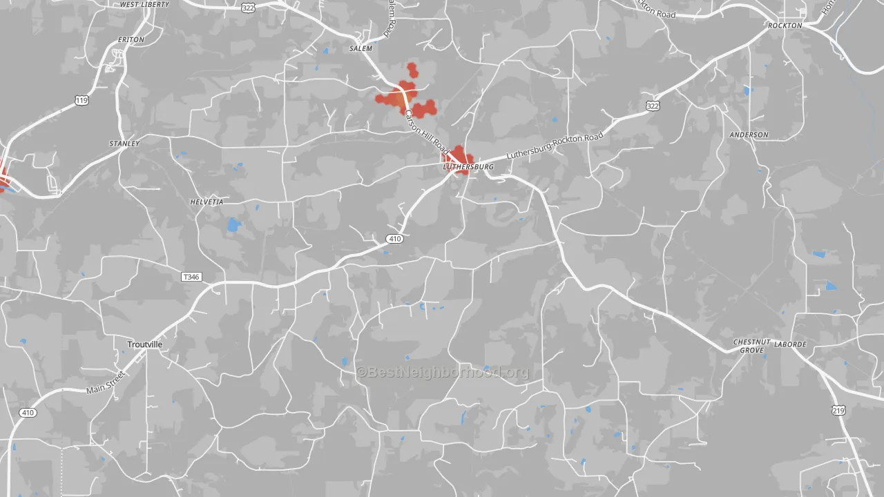 Walk Grade map of 15848, PA, walkable areas in green and car-dependent areas in red