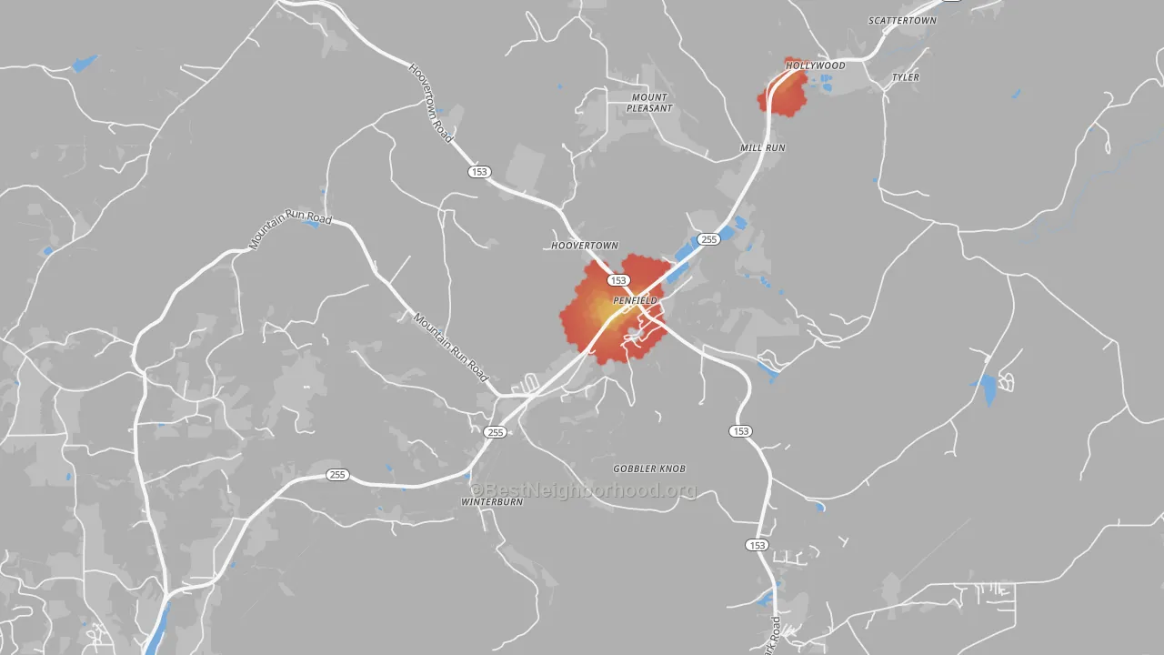 Walk Grade map of 15849, PA, walkable areas in green and car-dependent areas in red