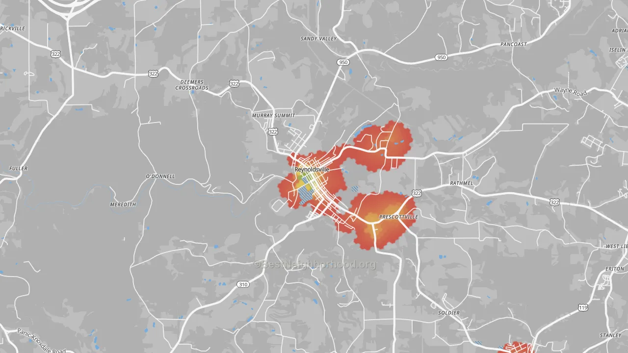 Walk Grade map of 15851, PA, walkable areas in green and car-dependent areas in red