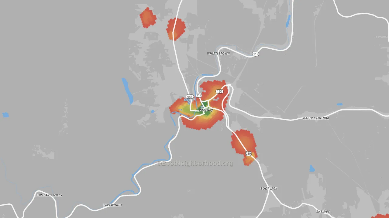 Walk Grade map of 15853, PA, walkable areas in green and car-dependent areas in red